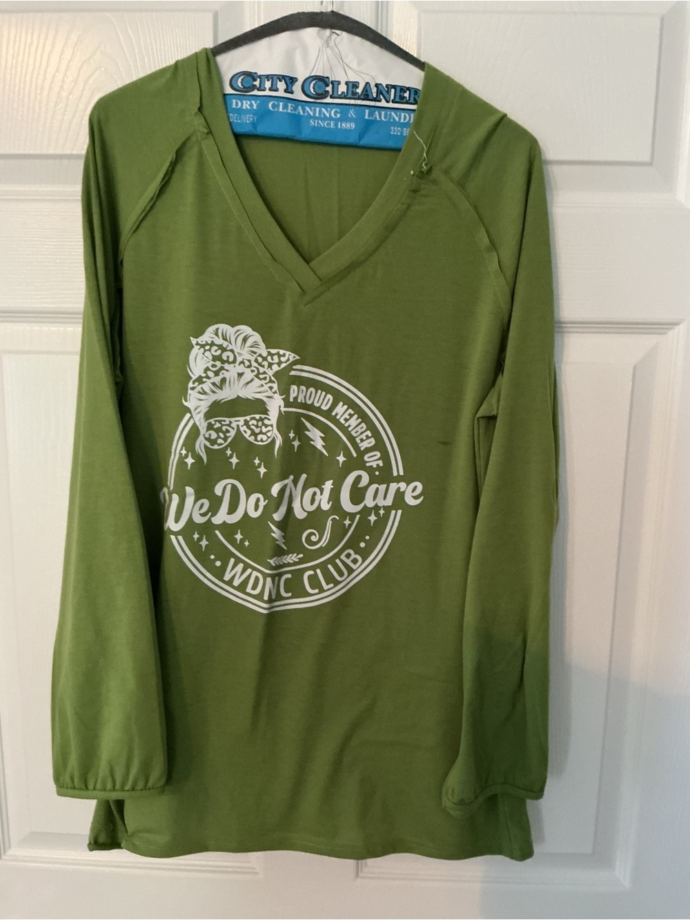 We Do Not Care Olive Green V-Neck Long Sleeve Top